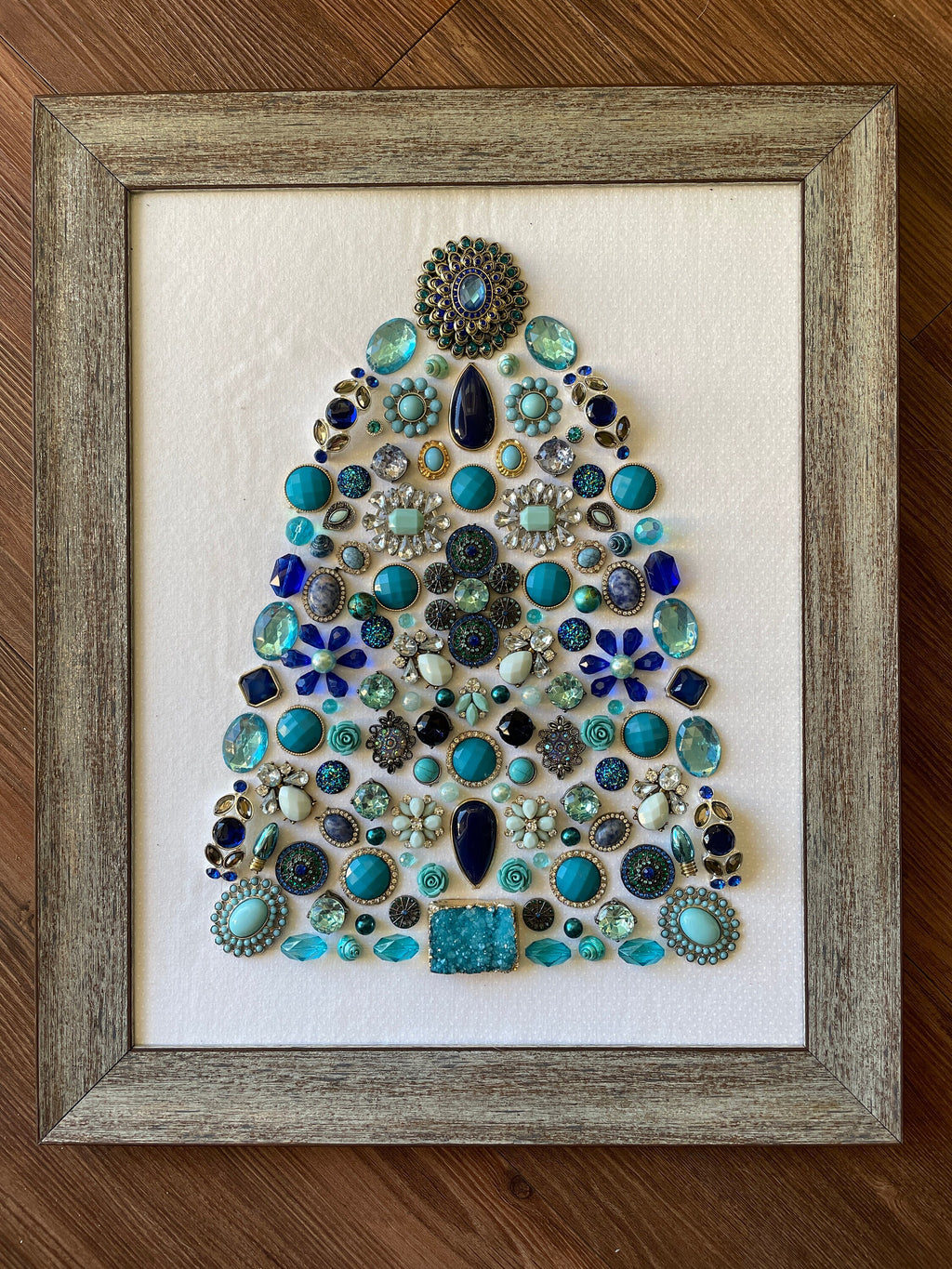 Blue, Silver, and Gray Framed Jewelry Christmas Tree Handmade with Over 60 Pieces of Vintage & Upcycled Jewelry