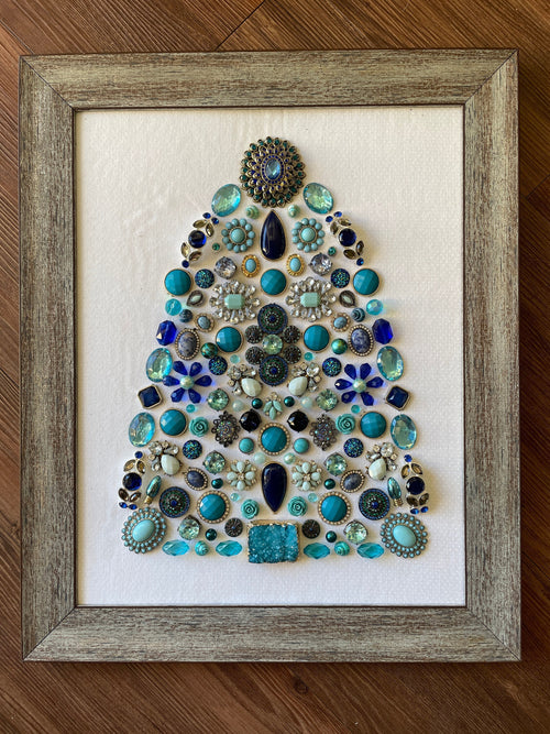 Blue, Silver, and Gray Framed Jewelry Christmas Tree Handmade with Over 60 Pieces of Vintage & Upcycled Jewelry