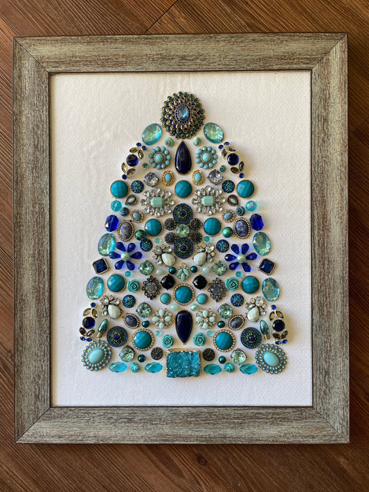 Blue, Silver, and Gray Framed Jewelry Christmas Tree Handmade with Over 60 Pieces of Vintage & Upcycled Jewelry