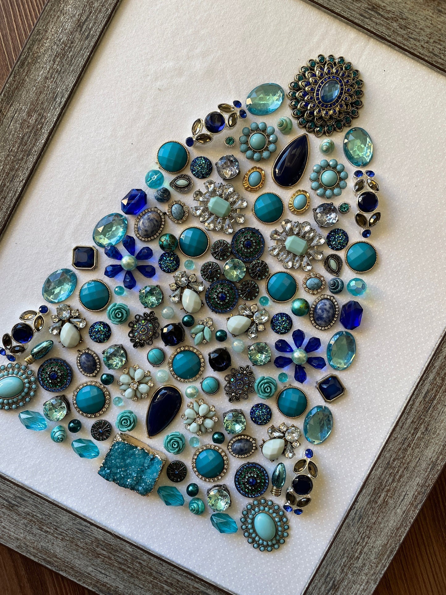 Blue, Silver, and Gray Framed Jewelry Christmas Tree Handmade with Over 60 Pieces of Vintage & Upcycled Jewelry