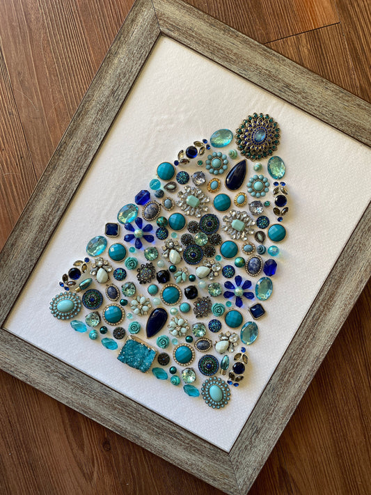 Blue, Silver, and Gray Framed Jewelry Christmas Tree Handmade with Over 60 Pieces of Vintage & Upcycled Jewelry