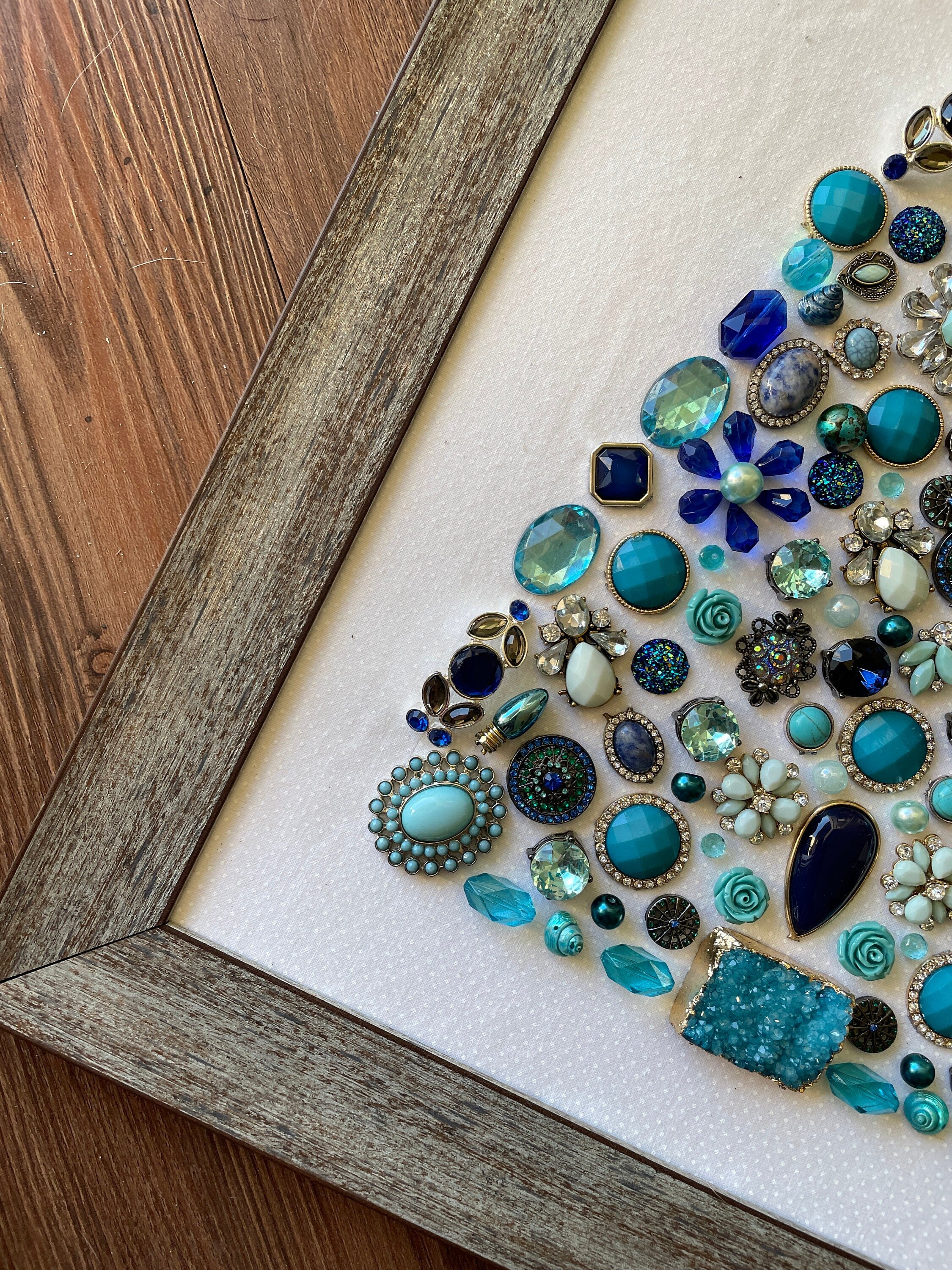 Blue, Silver, and Gray Framed Jewelry Christmas Tree Handmade with Over 60 Pieces of Vintage & Upcycled Jewelry