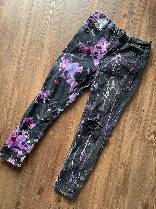 Black Bleach Dyed American Eagle Ripped Mom Jeans | Pink Purple Reverse Tie Dye Pants with Holes | Women's Size 4 | Handmade & Thrifted