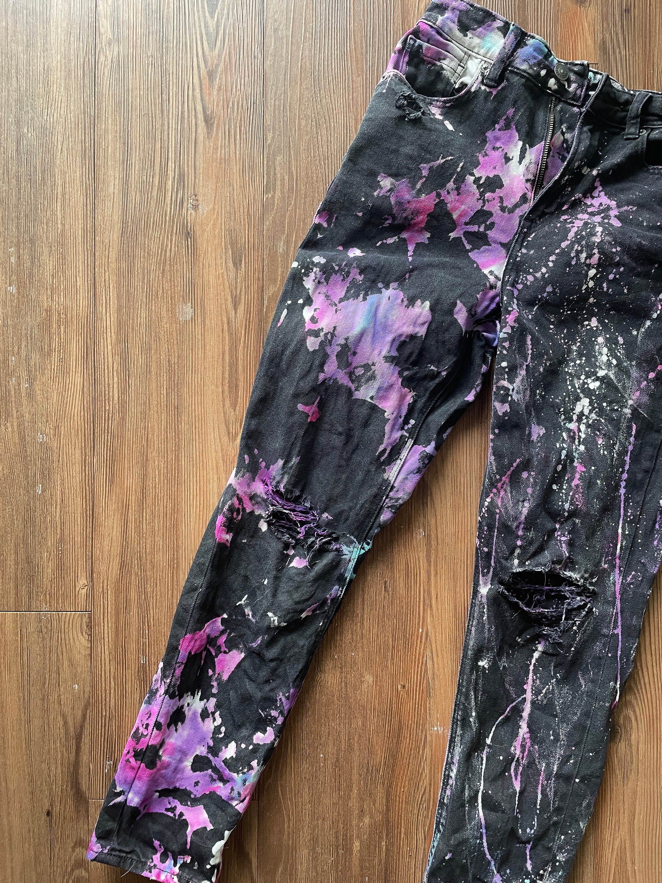 Black Bleach Dyed American Eagle Ripped Mom Jeans | Pink Purple Reverse Tie Dye Pants with Holes | Women's Size 4 | Handmade & Thrifted