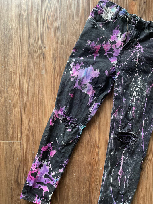 Black Bleach Dyed American Eagle Ripped Mom Jeans | Pink Purple Reverse Tie Dye Pants with Holes | Women's Size 4 | Handmade & Thrifted