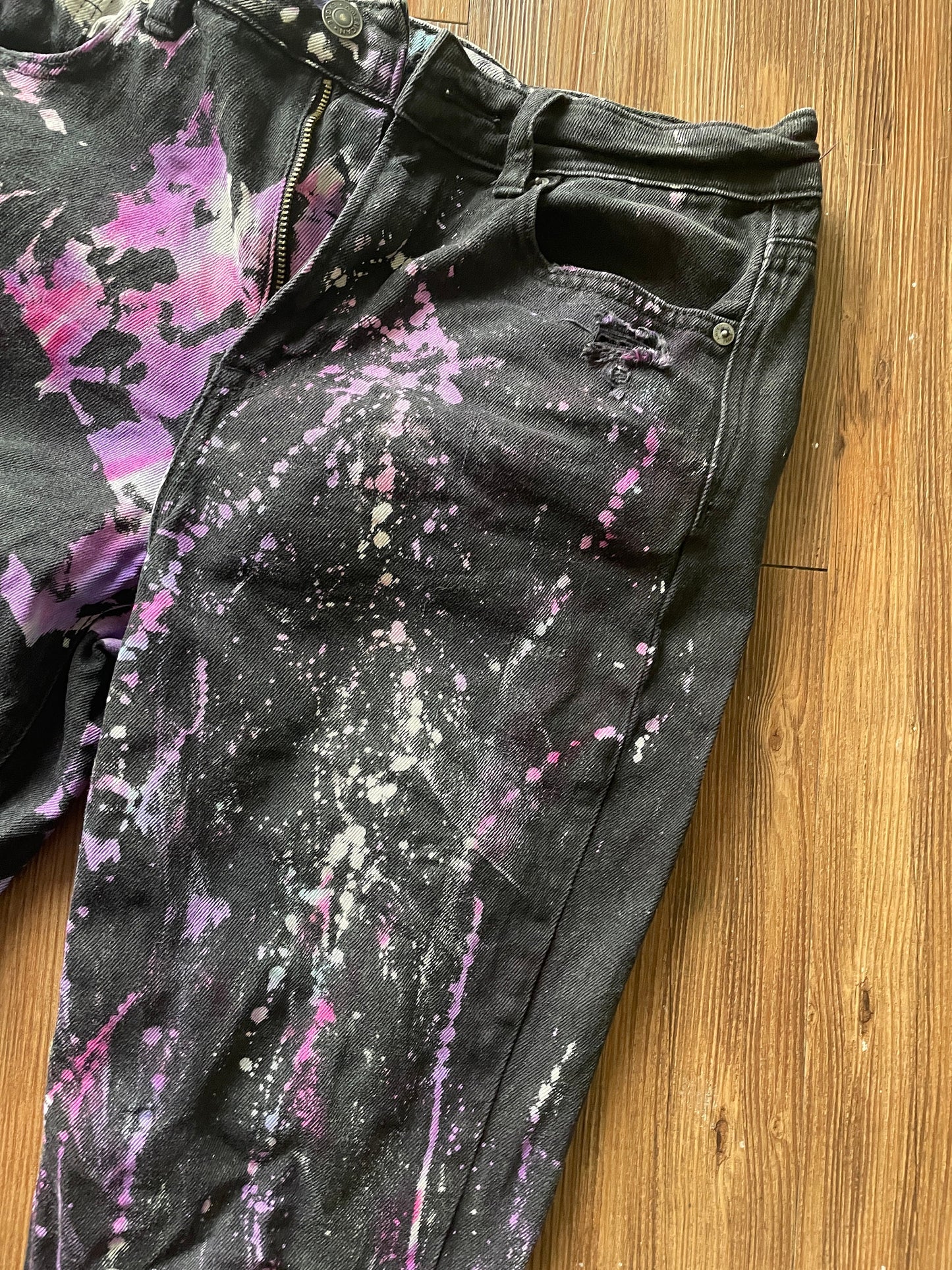 Black Bleach Dyed American Eagle Ripped Mom Jeans | Pink Purple Reverse Tie Dye Pants with Holes | Women's Size 4 | Handmade & Thrifted