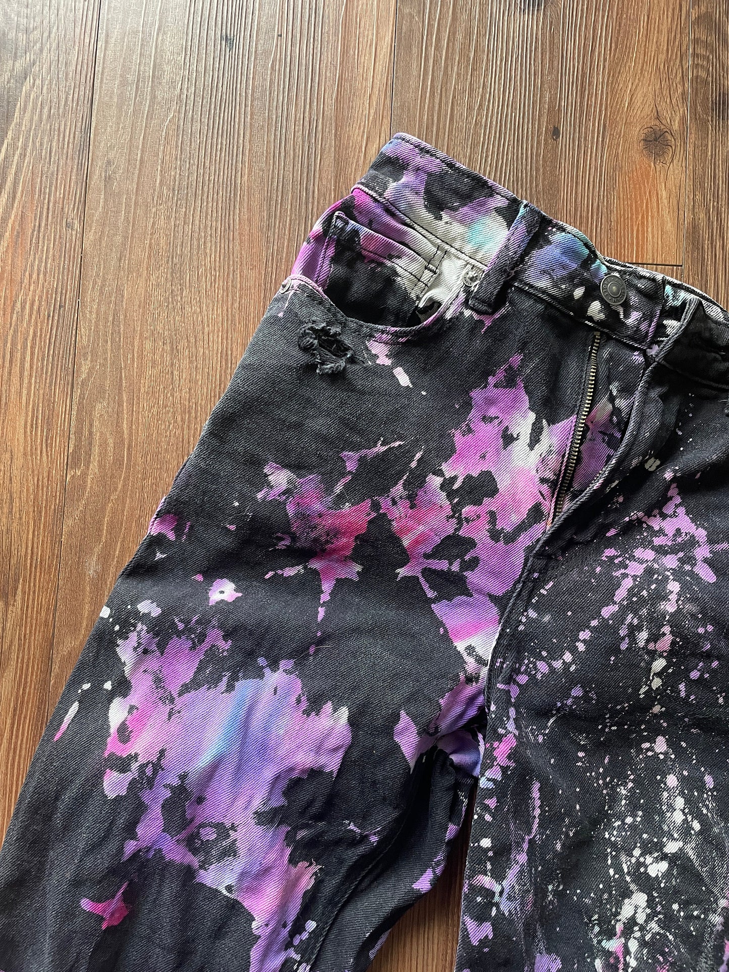 Black Bleach Dyed American Eagle Ripped Mom Jeans | Pink Purple Reverse Tie Dye Pants with Holes | Women's Size 4 | Handmade & Thrifted