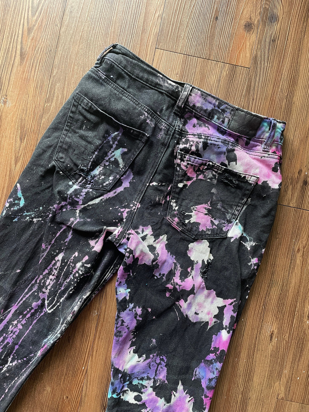 Black Bleach Dyed American Eagle Ripped Mom Jeans | Pink Purple Reverse Tie Dye Pants with Holes | Women's Size 4 | Handmade & Thrifted