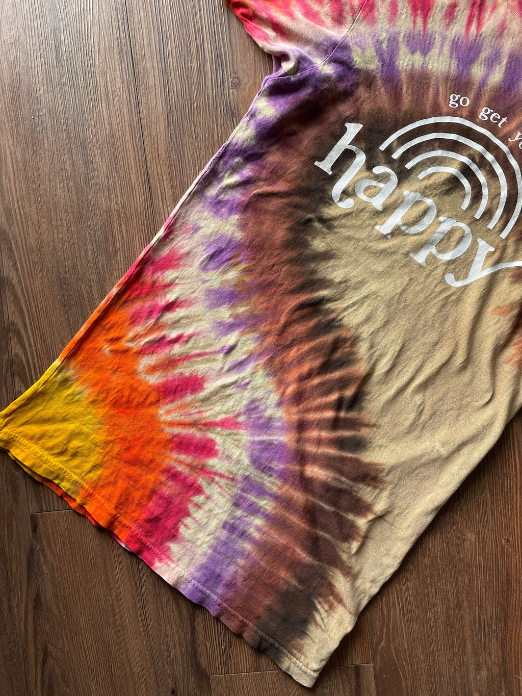 Go Get Your Happy Handmade Reverse Tie Dye t-shirt | Tan Rainbow Bleach Dye Short Sleeve Top | Unisex Size Small | Handmade & Thrifted