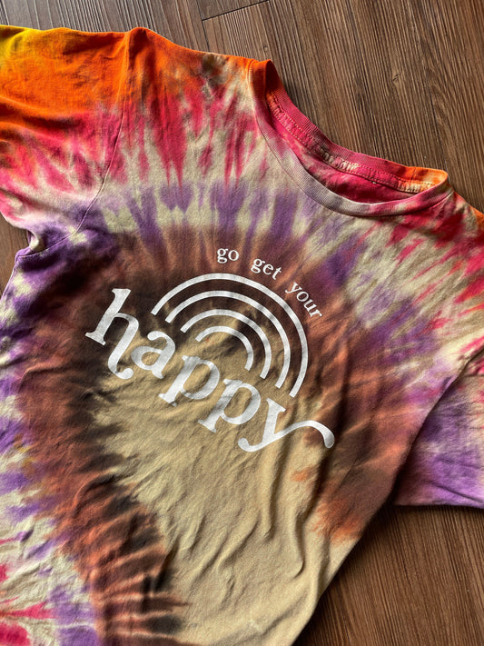 Go Get Your Happy Handmade Reverse Tie Dye t-shirt | Tan Rainbow Bleach Dye Short Sleeve Top | Unisex Size Small | Handmade & Thrifted