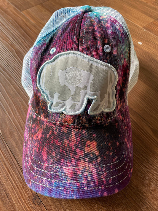 Surf Wyoming Bison Handmade Tie Dye Trucker Hat | Wyoming Flag Pink Ice Dyed Bleach Dyed Adjustable Hat | Handmade & Thrifted