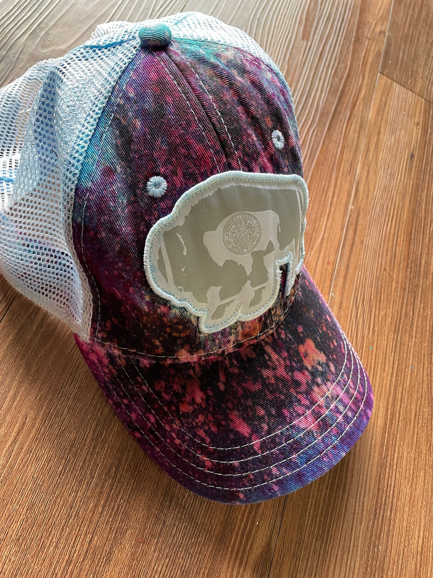 Surf Wyoming Bison Handmade Tie Dye Trucker Hat | Wyoming Flag Pink Ice Dyed Bleach Dyed Adjustable Hat | Handmade & Thrifted