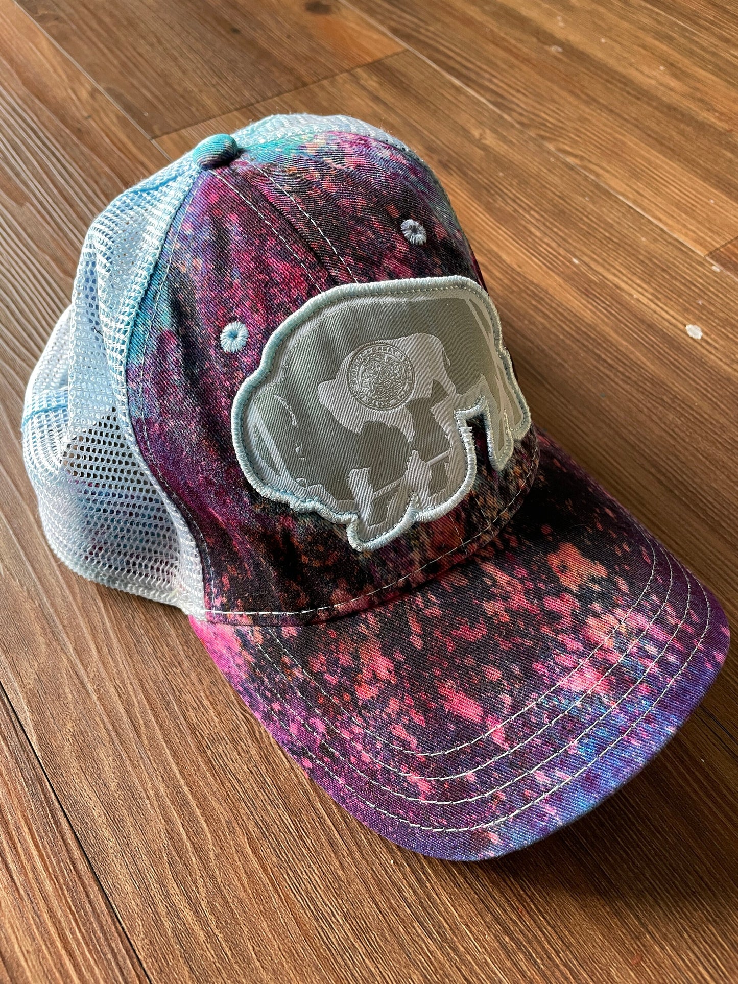 Surf Wyoming Bison Handmade Tie Dye Trucker Hat | Wyoming Flag Pink Ice Dyed Bleach Dyed Adjustable Hat | Handmade & Thrifted