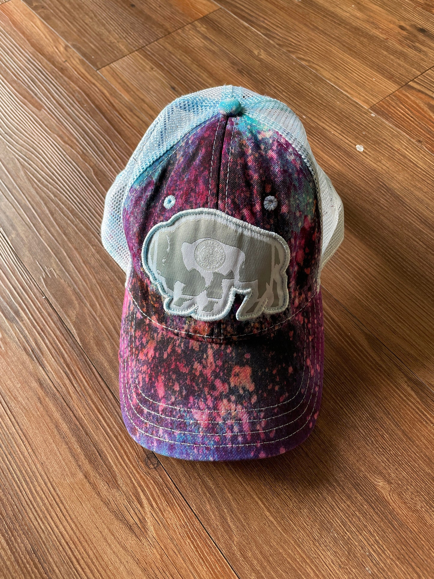 Surf Wyoming Bison Handmade Tie Dye Trucker Hat | Wyoming Flag Pink Ice Dyed Bleach Dyed Adjustable Hat | Handmade & Thrifted
