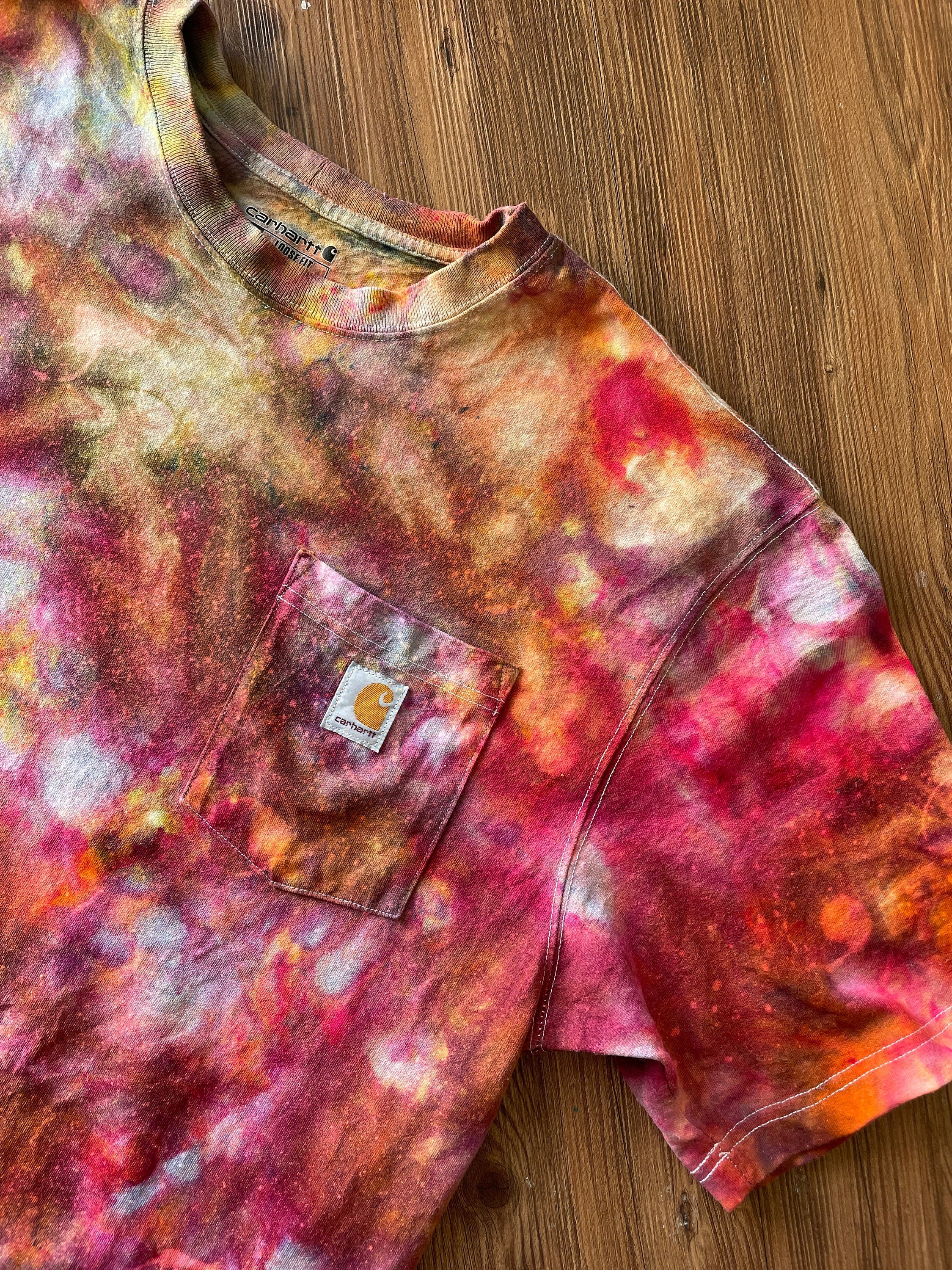 Carhartt Pocket Handmade Galaxy Tie Dye t-shirt | Oversized Loose Fit Fire Dye Ice Dye Short Sleeve Top Unisex Size Large