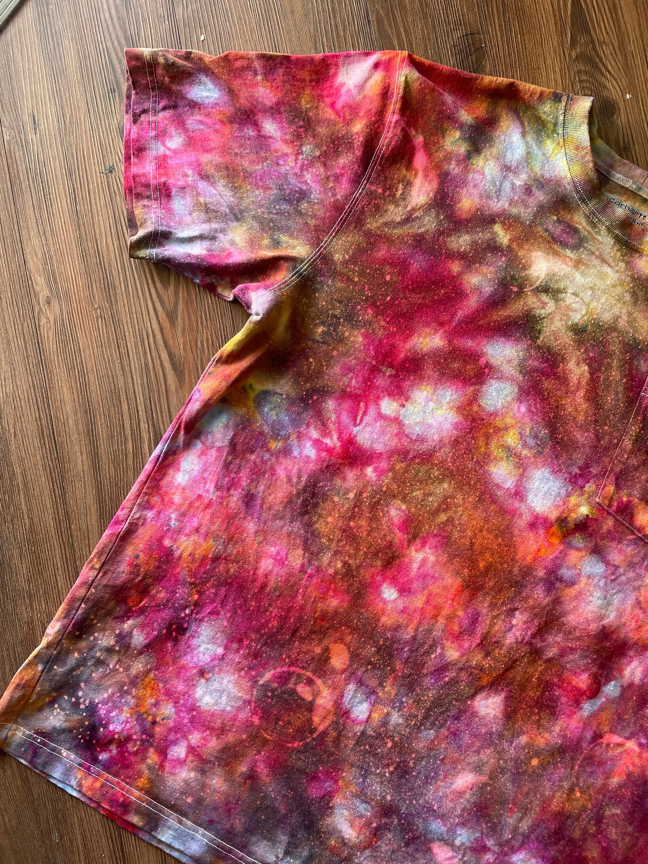 Carhartt Pocket Handmade Galaxy Tie Dye t-shirt | Oversized Loose Fit Fire Dye Ice Dye Short Sleeve Top Unisex Size Large