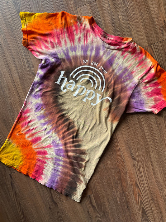 Go Get Your Happy Handmade Reverse Tie Dye t-shirt | Tan Rainbow Bleach Dye Short Sleeve Top | Unisex Size Small | Handmade & Thrifted