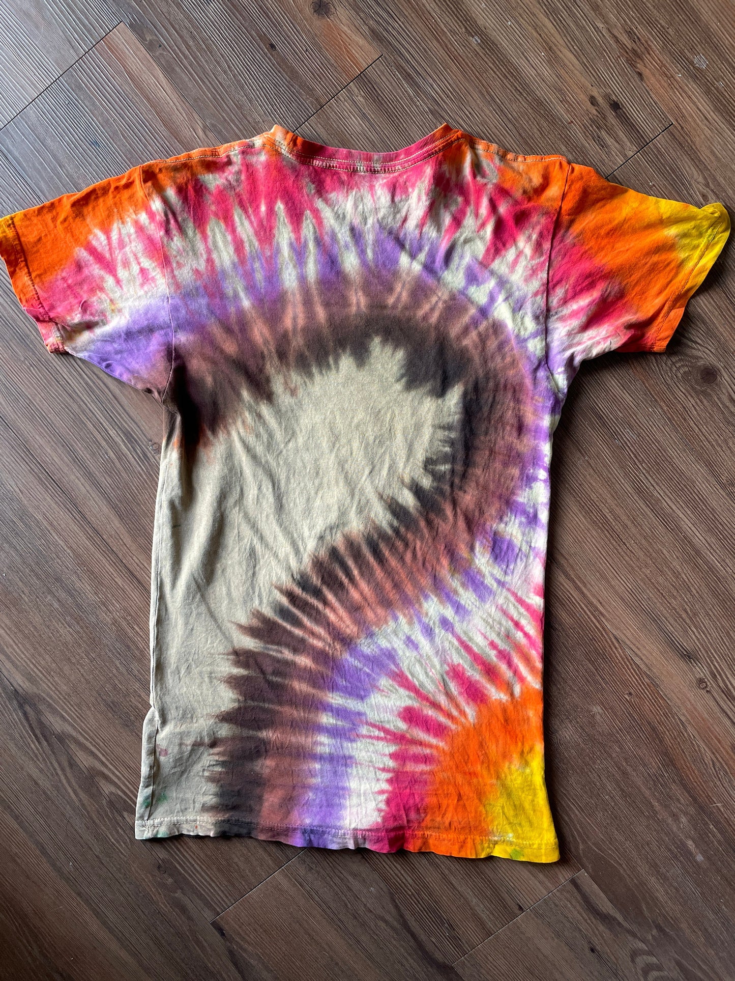 Go Get Your Happy Handmade Reverse Tie Dye t-shirt | Tan Rainbow Bleach Dye Short Sleeve Top | Unisex Size Small | Handmade & Thrifted