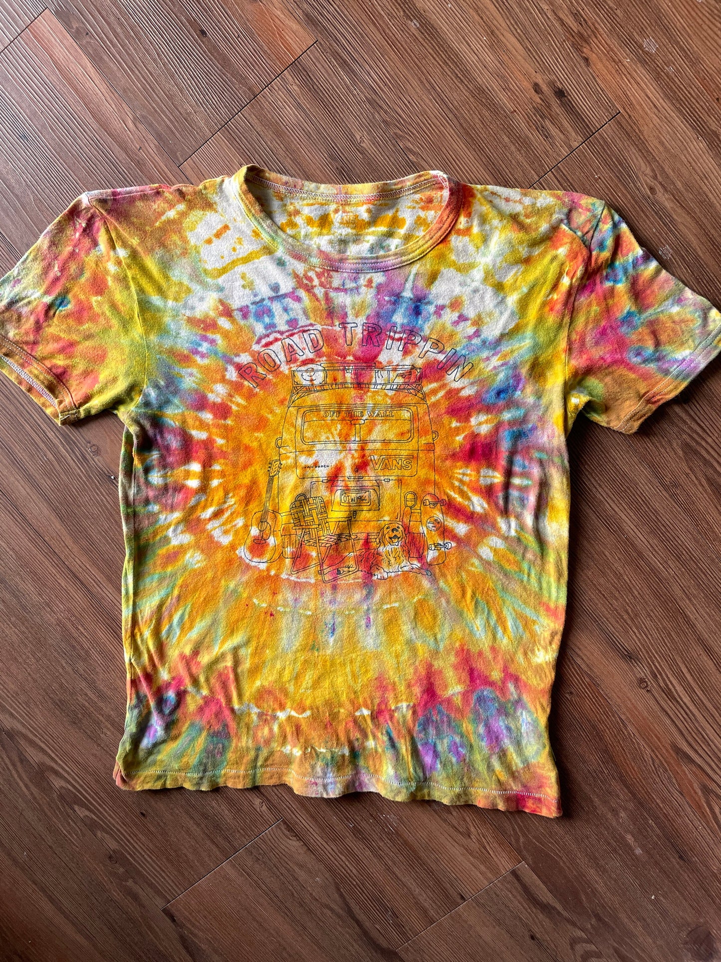 Go Get Your Happy Handmade Reverse Tie Dye t-shirt | Tan Rainbow Bleach Dye Short Sleeve Top | Unisex Size Small | Handmade & Thrifted