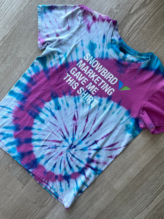 MEDIUM Women’s "Snowbird Marketing Gave Me This Shirt" Handmade Tie Dye Short Sleeve T-Shirt | One-Of-a-Kind Upcycled Pink and Blue Top