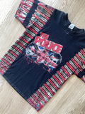 LARGE Men’s The Police 2007-08 World Tour Handmade Reverse Tie Dye Short Sleeve T-Shirt | One-Of-a-Kind Upcycled Black and Red Pleated Top