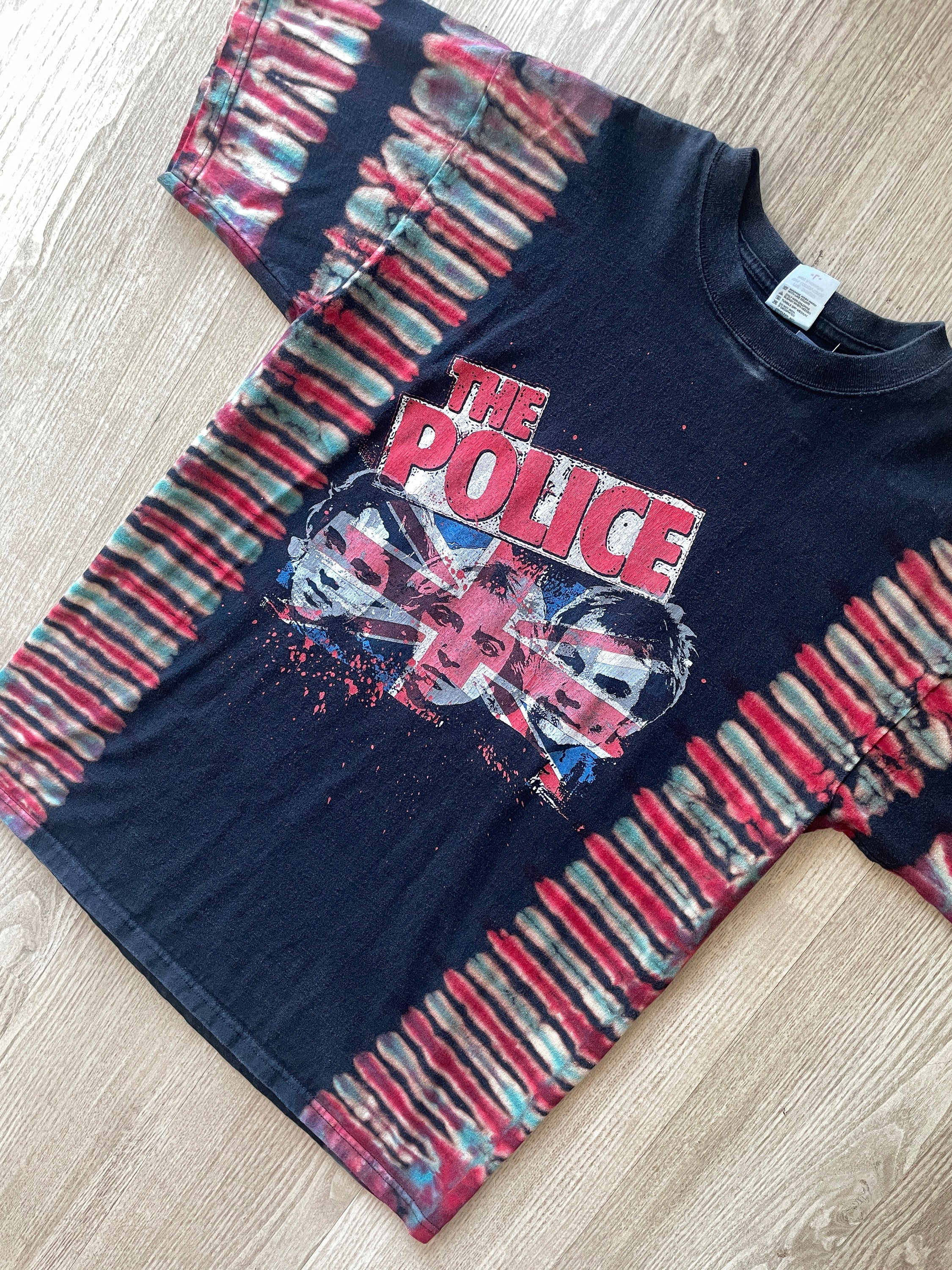 LARGE Men’s The Police 2007-08 World Tour Handmade Reverse Tie Dye Short Sleeve T-Shirt | One-Of-a-Kind Upcycled Black and Red Pleated Top