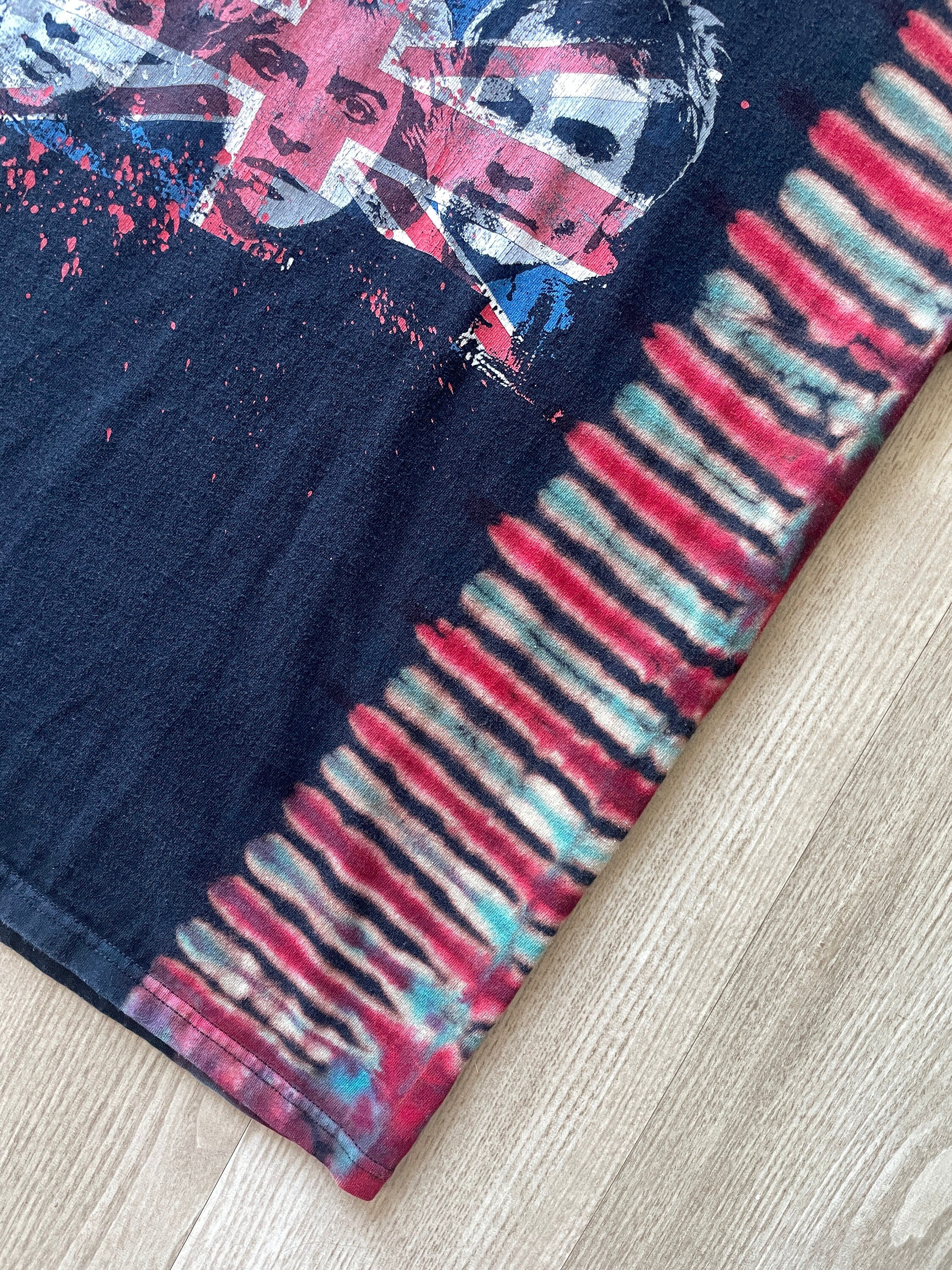 LARGE Men’s The Police 2007-08 World Tour Handmade Reverse Tie Dye Short Sleeve T-Shirt | One-Of-a-Kind Upcycled Black and Red Pleated Top