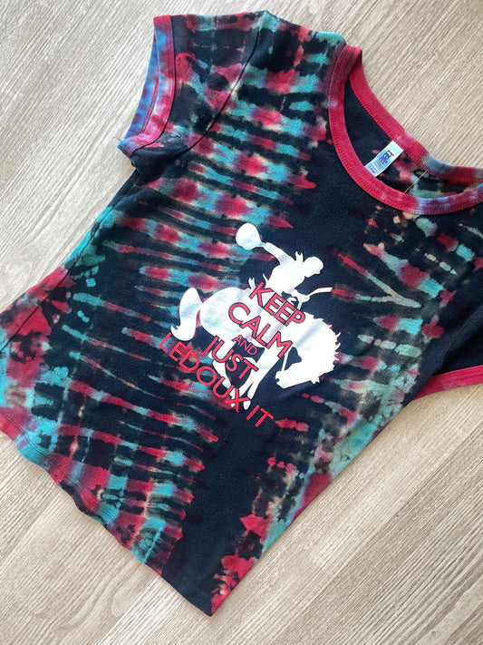 LARGE Women's Chris LeDoux Keep Calm and LeDoux On Handmade Tie Dye Short Sleeve TShirt | One-Of-a-Kind Upcycled Red, Black, and Blue Top