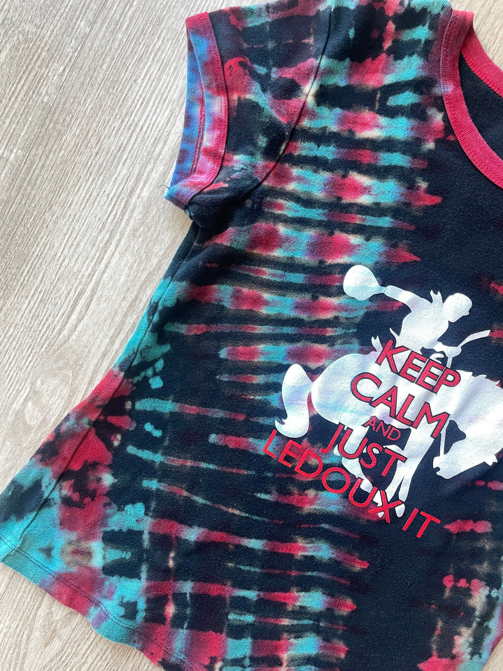 LARGE Women's Chris LeDoux Keep Calm and LeDoux On Handmade Tie Dye Short Sleeve TShirt | One-Of-a-Kind Upcycled Red, Black, and Blue Top