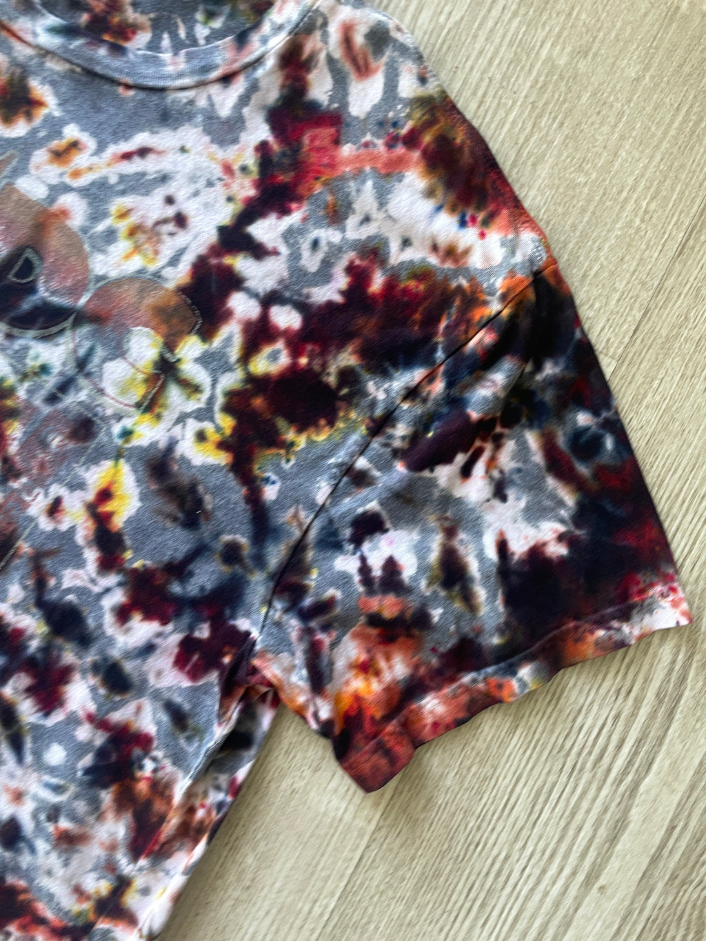 LARGE Men’s AC/DC Reverse Tie Dye Short Sleeve Double-sided Tour T-Shirt | One-Of-a-Kind Upcycled Gray and Brown Crumpled Top