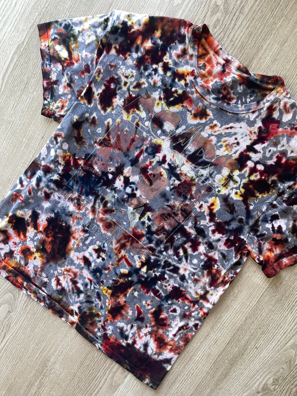 LARGE Men’s AC/DC Reverse Tie Dye Short Sleeve Double-sided Tour T-Shirt | One-Of-a-Kind Upcycled Gray and Brown Crumpled Top