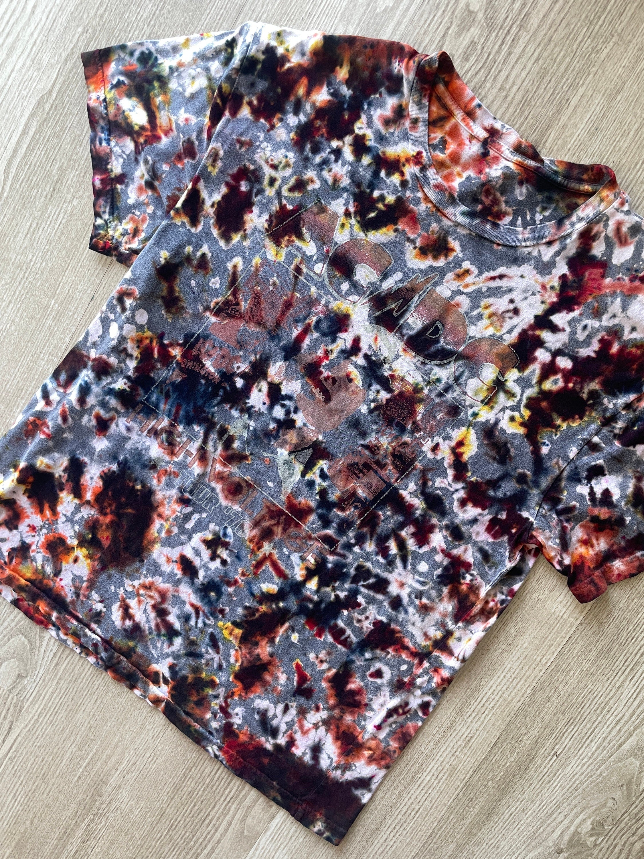 LARGE Men’s AC/DC Reverse Tie Dye Short Sleeve Double-sided Tour T-Shirt | One-Of-a-Kind Upcycled Gray and Brown Crumpled Top