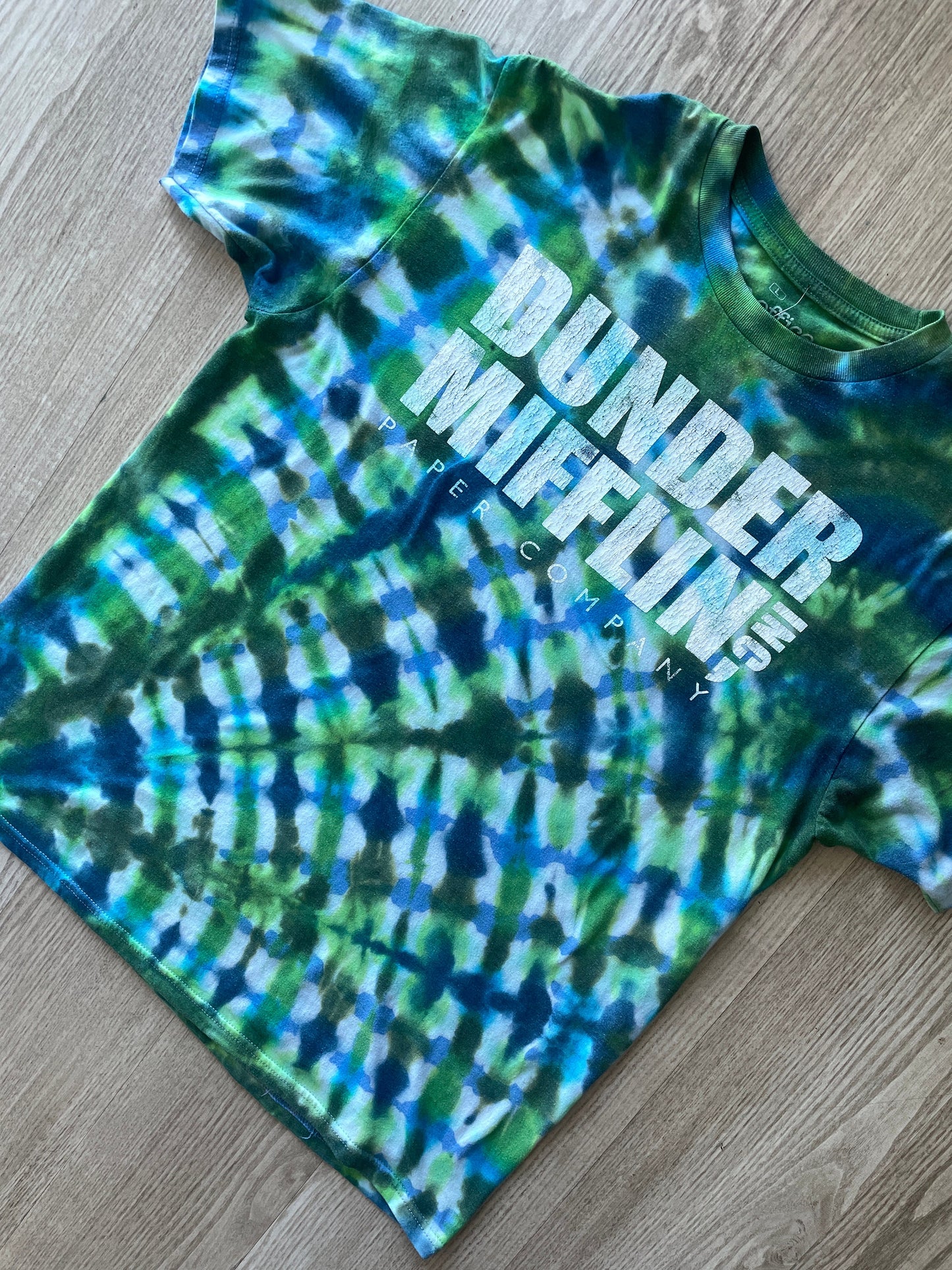LARGE Men’s The Office Dunder Mifflin Reverse Tie Dye Short Sleeve T-Shirt | One-Of-a-Kind Upcycled Blue and Green Pleated Top