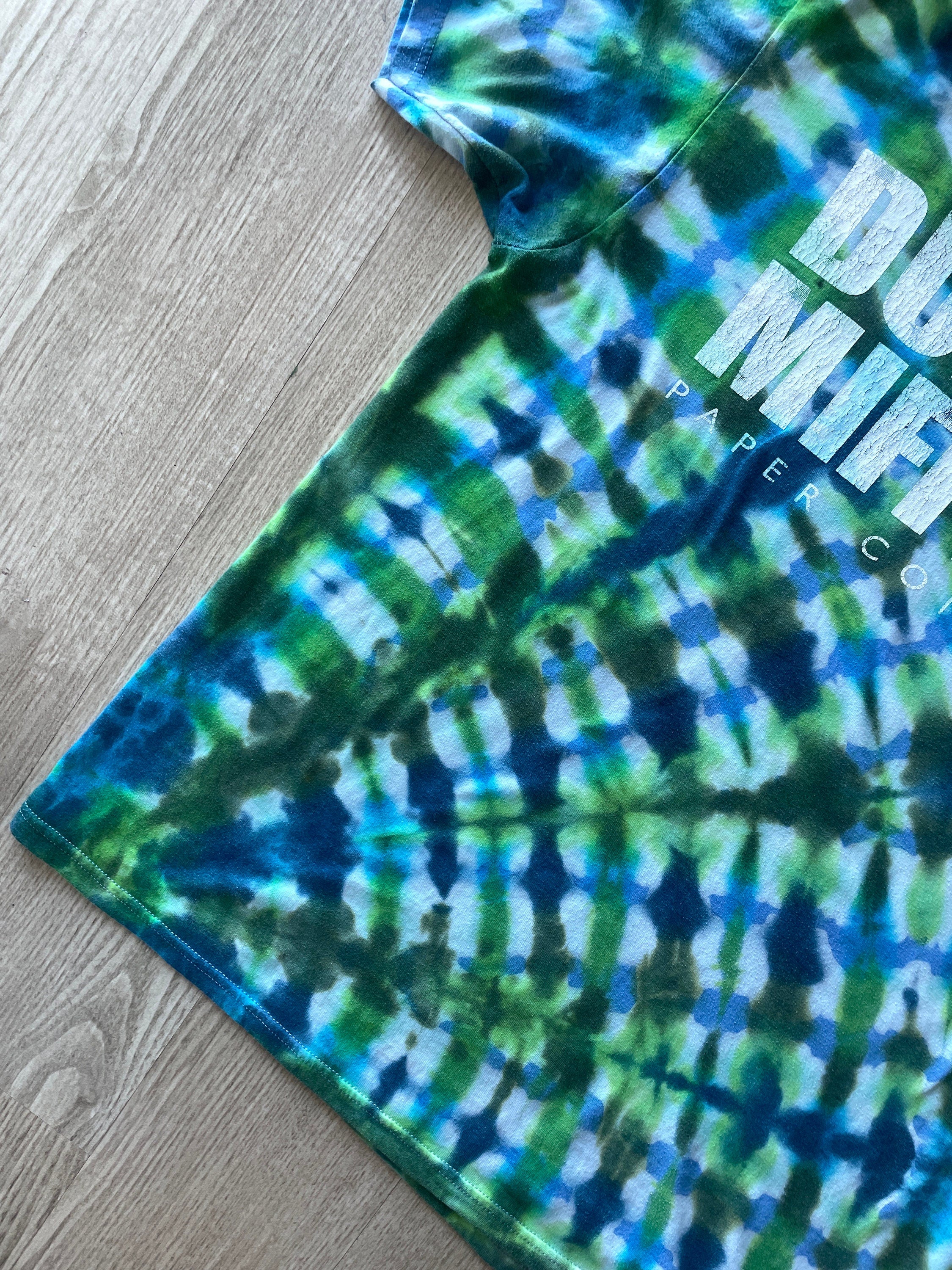 LARGE Men’s The Office Dunder Mifflin Reverse Tie Dye Short Sleeve T-Shirt | One-Of-a-Kind Upcycled Blue and Green Pleated Top