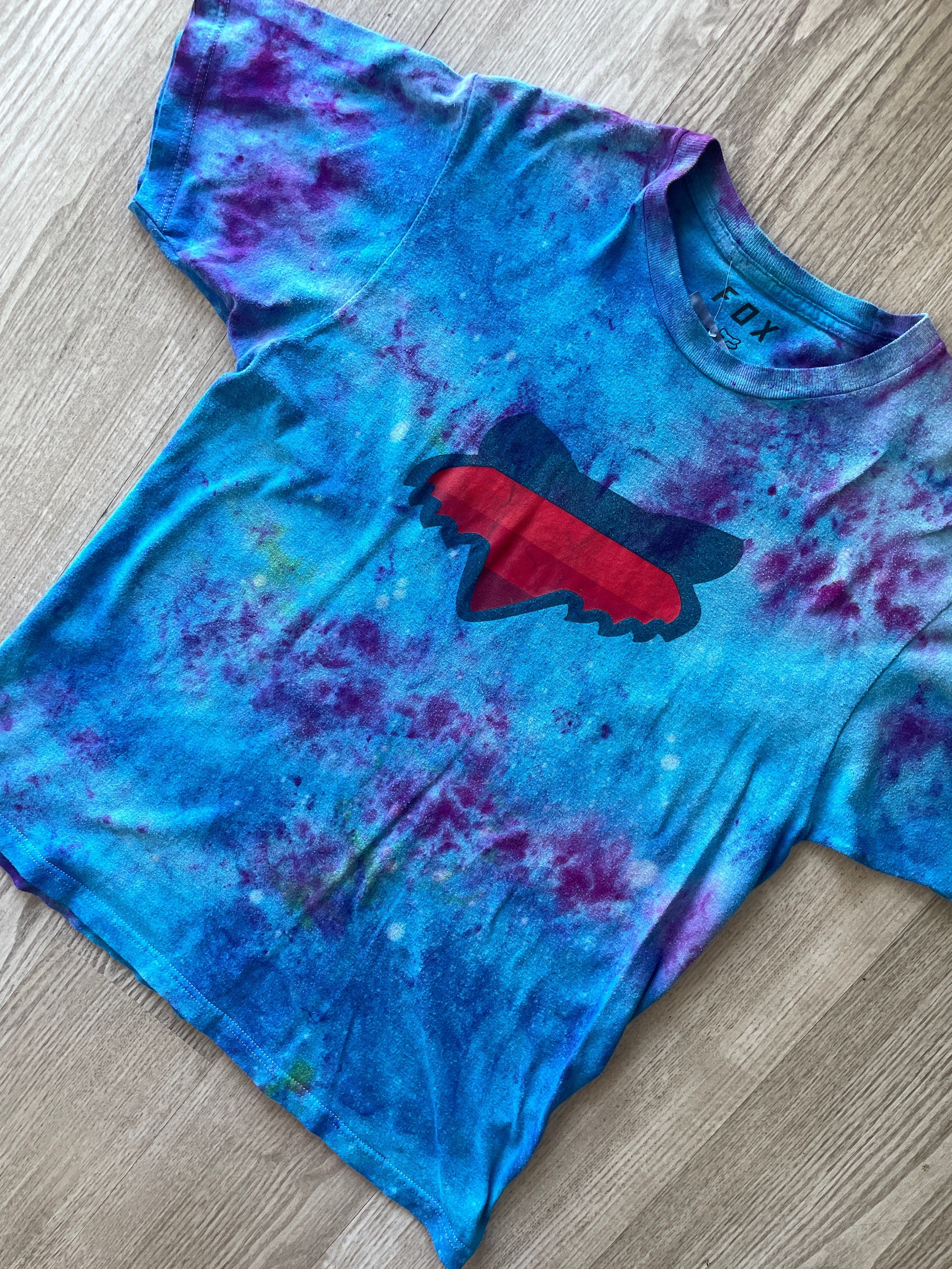 LARGE Men's Fox Racing Handmade Galaxy Ice Dye Tie Dye Short Sleeve T-Shirt | One-Of-a-Kind Upcycled Blue and Pink Ice Dye Crumpled Top
