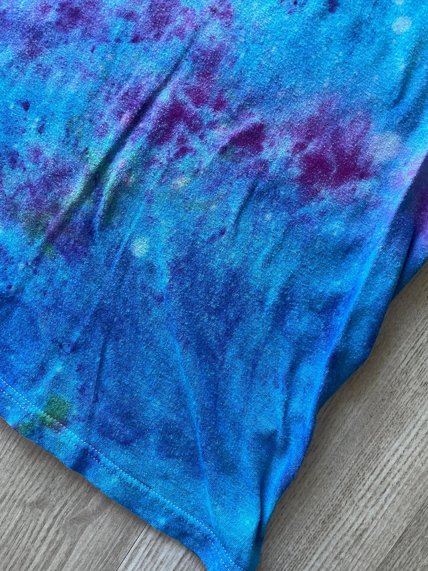 LARGE Men's Fox Racing Handmade Galaxy Ice Dye Tie Dye Short Sleeve T-Shirt | One-Of-a-Kind Upcycled Blue and Pink Ice Dye Crumpled Top