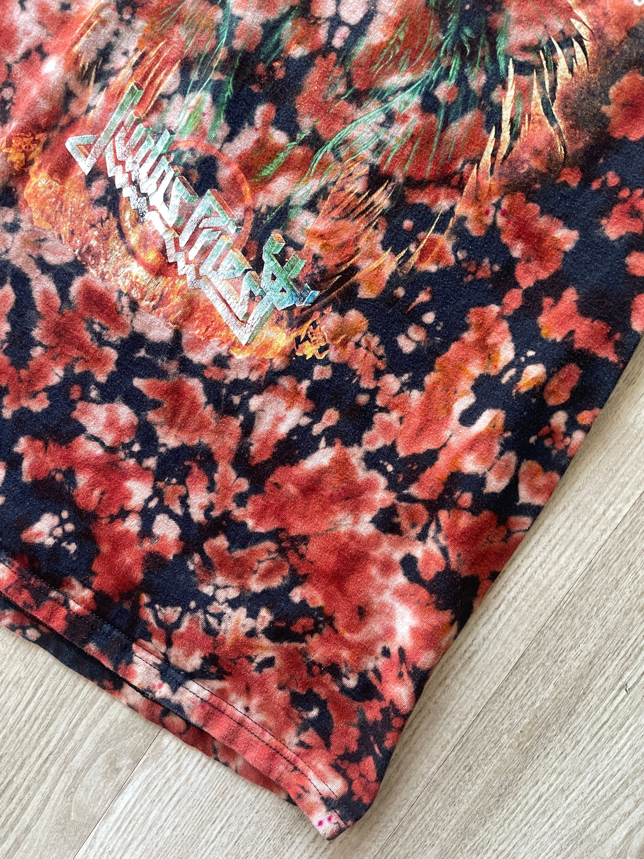 LARGE Men’s Judas Priest 2011 Farewell Tour Reverse Tie Dye Short Sleeve Double-sided T-Shirt | One-Of-a-Kind Upcycled Black and Orange Top