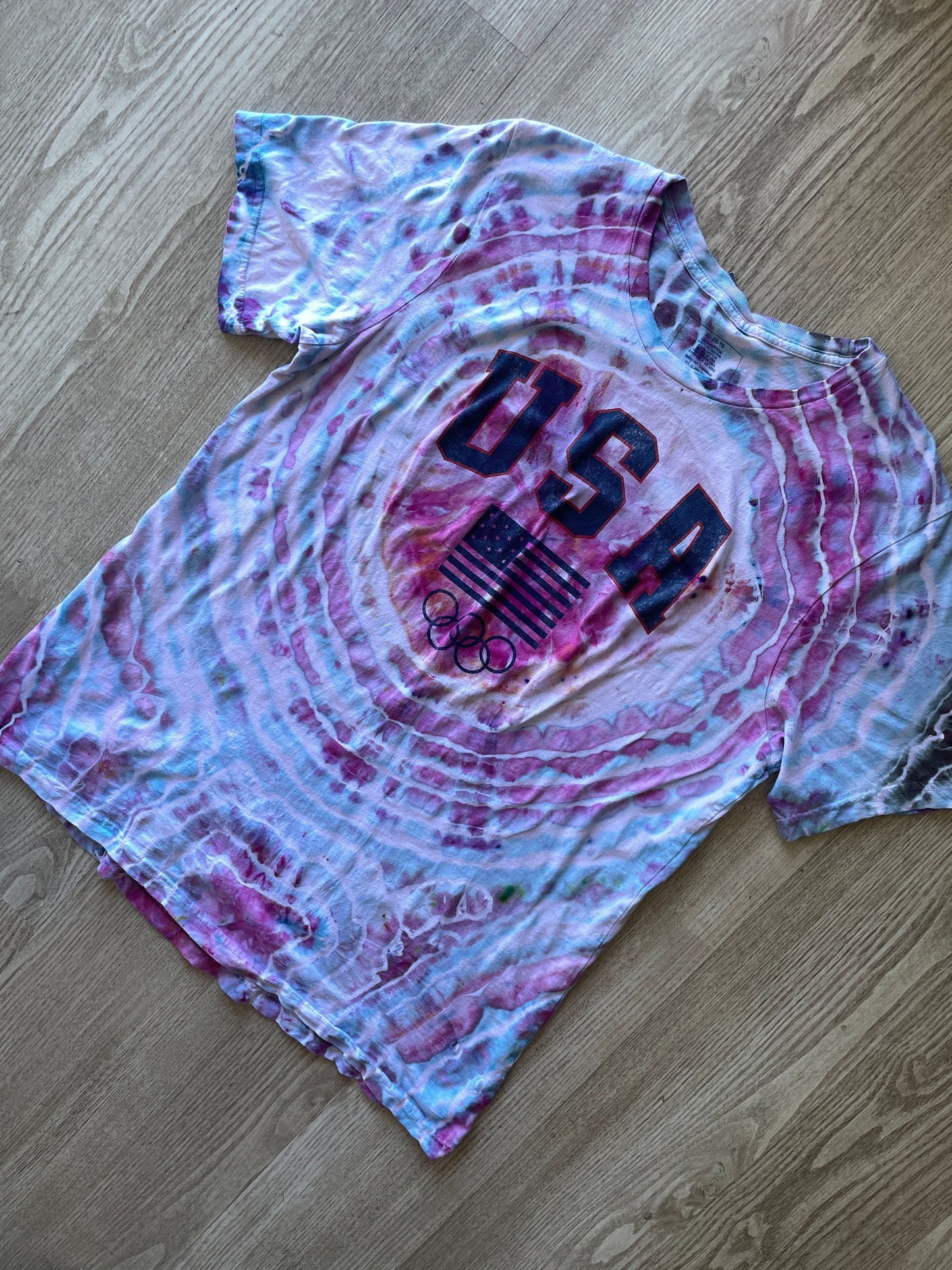 XL Men’s Team USA Handmade Tie Dye Short Sleeve T-Shirt | One-Of-a-Kind Upcycled Pink and Purple Galaxy Ice Dye Geode Top