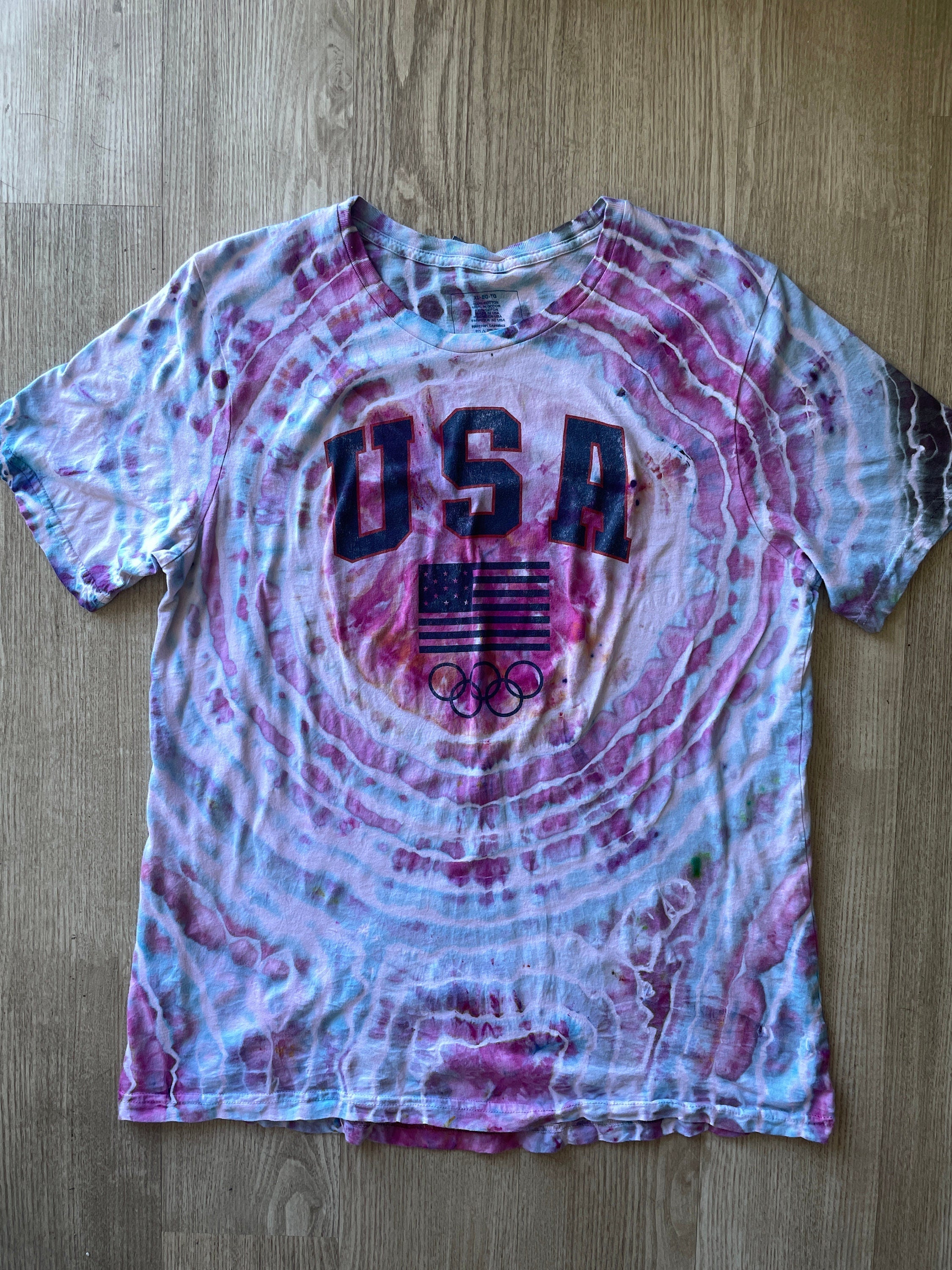 XL Men’s Team USA Handmade Tie Dye Short Sleeve T-Shirt | One-Of-a-Kind Upcycled Pink and Purple Galaxy Ice Dye Geode Top