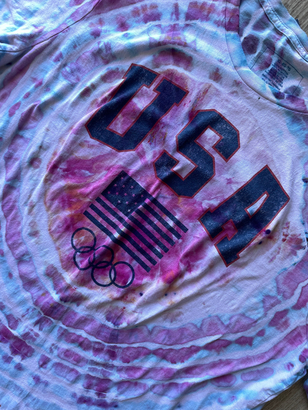 XL Men’s Team USA Handmade Tie Dye Short Sleeve T-Shirt | One-Of-a-Kind Upcycled Pink and Purple Galaxy Ice Dye Geode Top