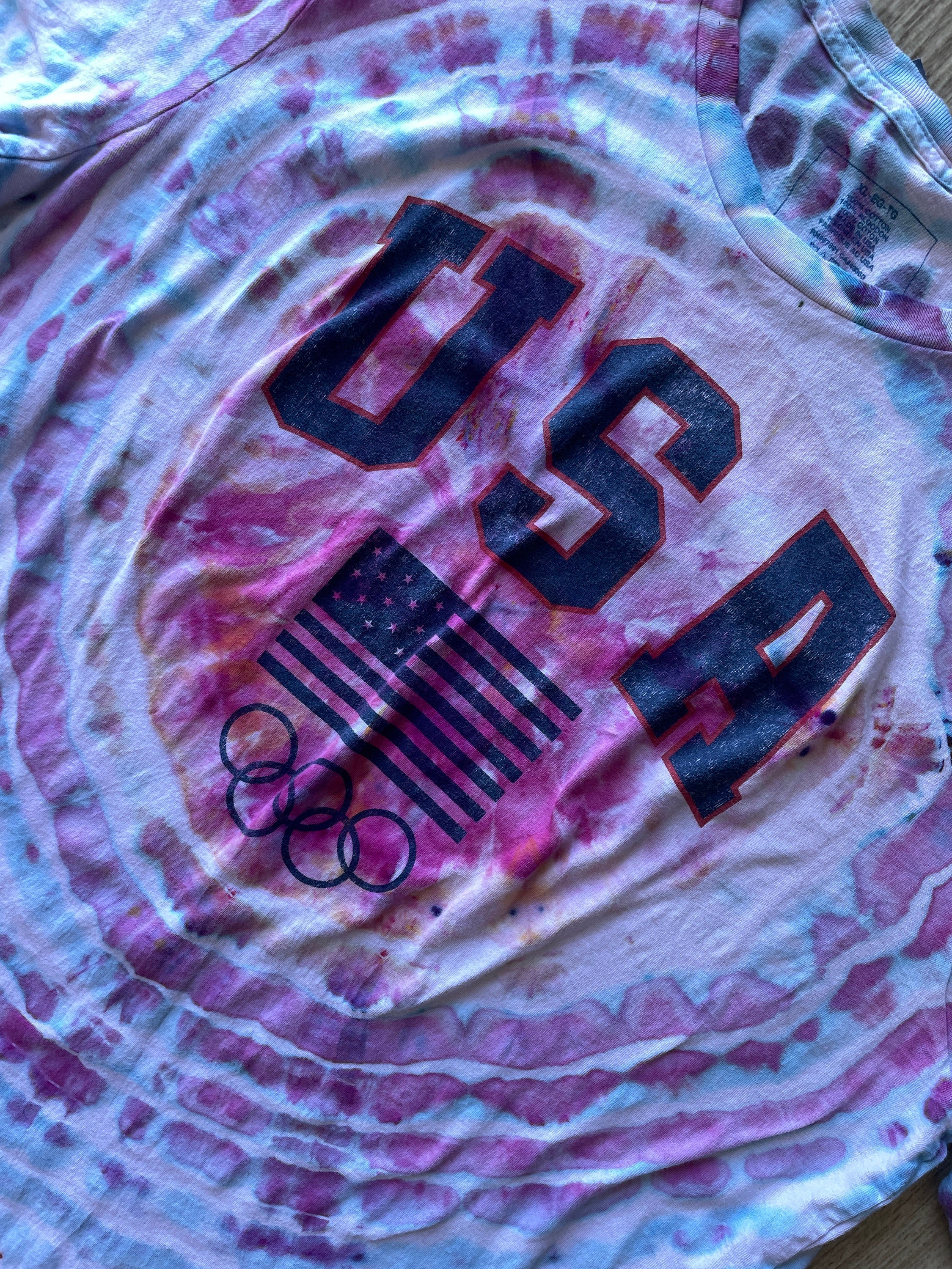 XL Men’s Team USA Handmade Tie Dye Short Sleeve T-Shirt | One-Of-a-Kind Upcycled Pink and Purple Galaxy Ice Dye Geode Top