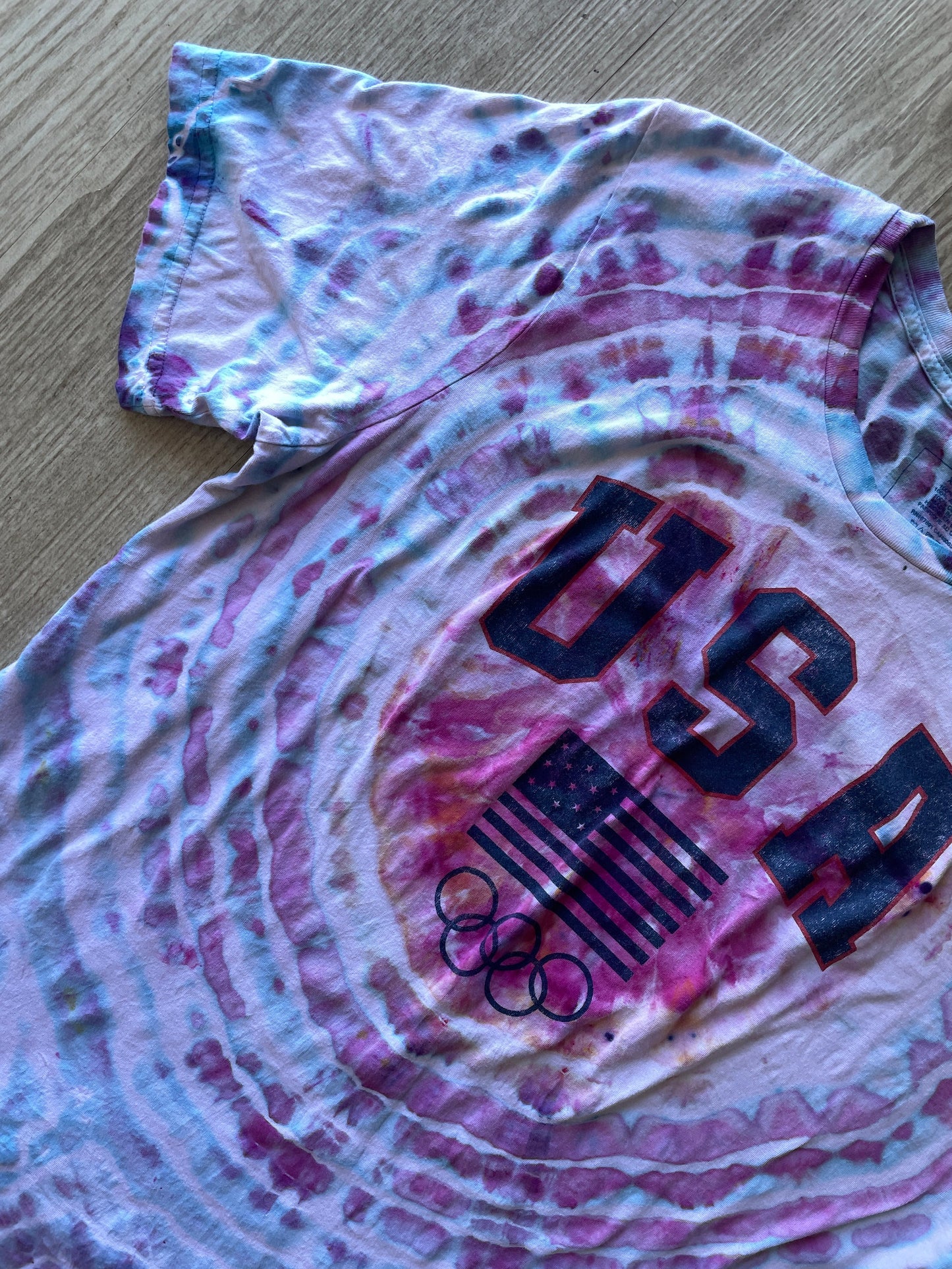 XL Men’s Team USA Handmade Tie Dye Short Sleeve T-Shirt | One-Of-a-Kind Upcycled Pink and Purple Galaxy Ice Dye Geode Top
