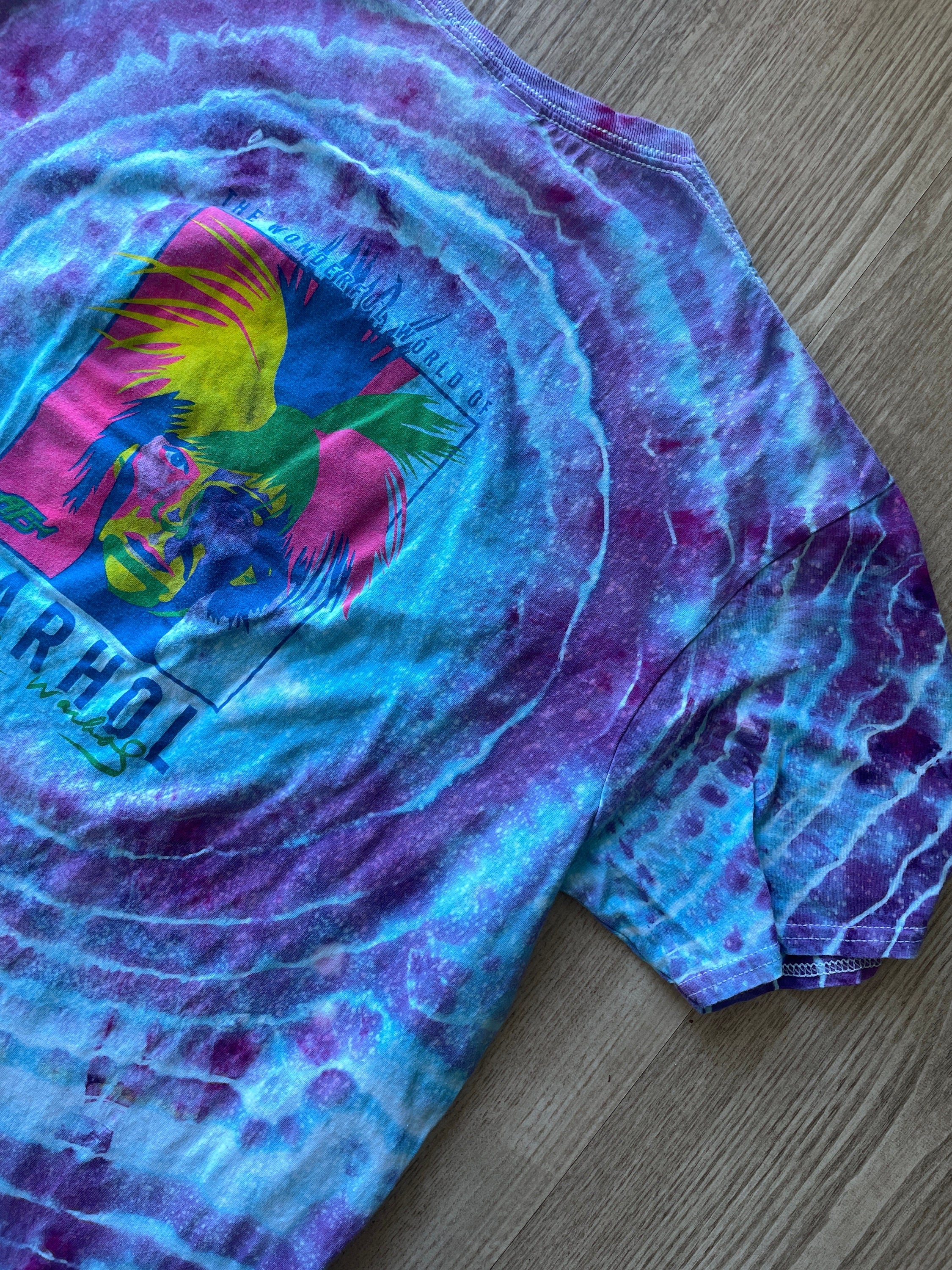 XL Men’s Wonderful World of Warhol Handmade Tie Dye Short Sleeve T-Shirt | One-Of-a-Kind Upcycled Pink and Purple Galaxy Ice Dye Geode Top