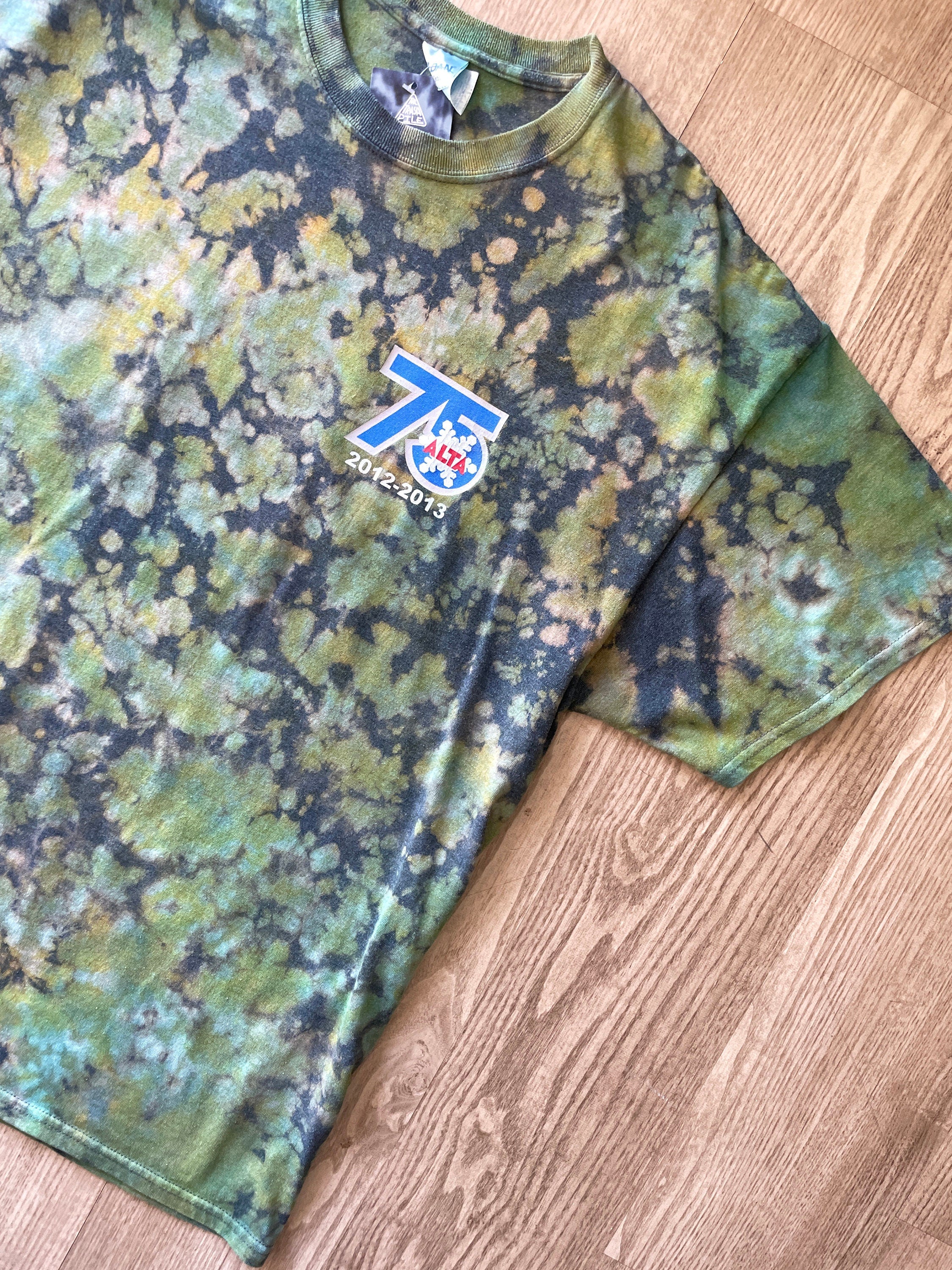 XL Men’s Alta Ski Area 75-Year Anniversary Handmade Reverse Tie Dye Short Sleeve T-Shirt | One-Of-a-Kind Upcycled Gray and Green Top
