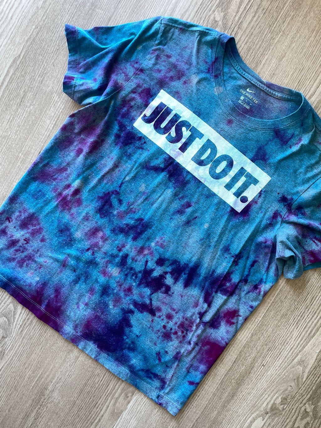 XL Men's Nike Just Do It Handmade Galaxy Tie Dye Short Sleeve T-Shirt | One-Of-a-Kind Upcycled Blue and Purple Ice Dye Top