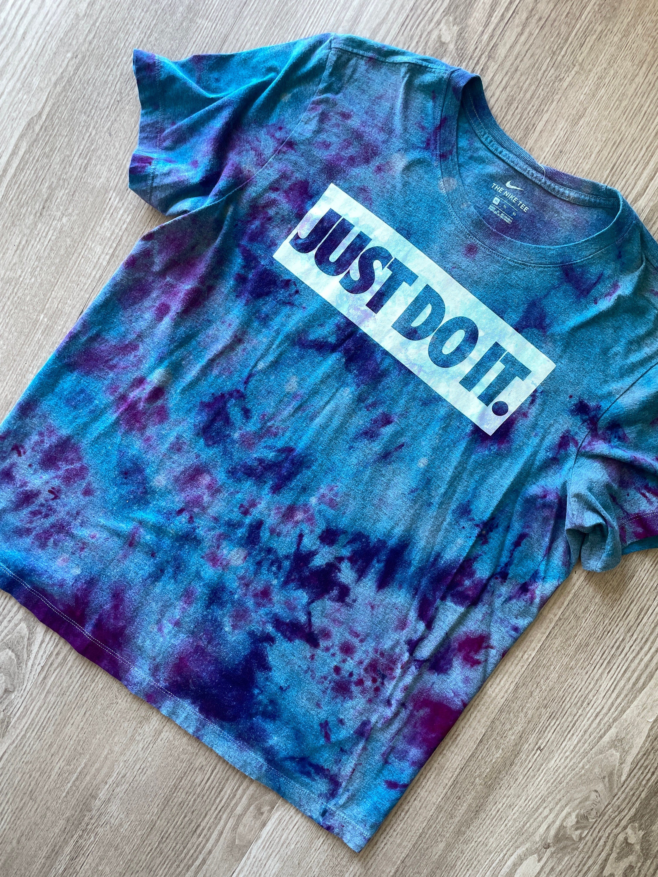 XL Men's Nike Just Do It Handmade Galaxy Tie Dye Short Sleeve T-Shirt | One-Of-a-Kind Upcycled Blue and Purple Ice Dye Top