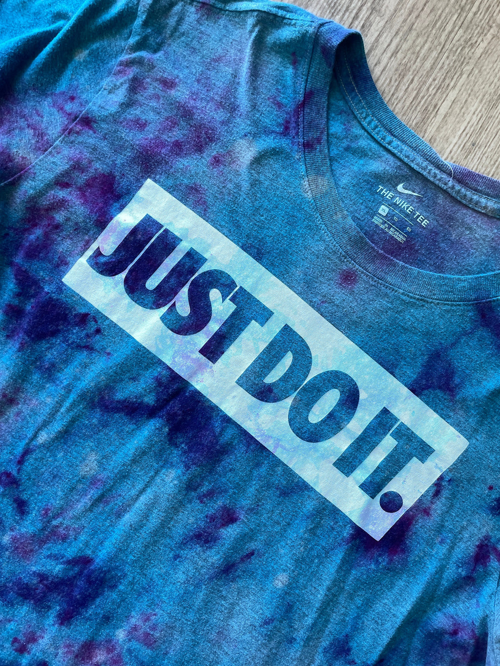 XL Men's Nike Just Do It Handmade Galaxy Tie Dye Short Sleeve T-Shirt | One-Of-a-Kind Upcycled Blue and Purple Ice Dye Top