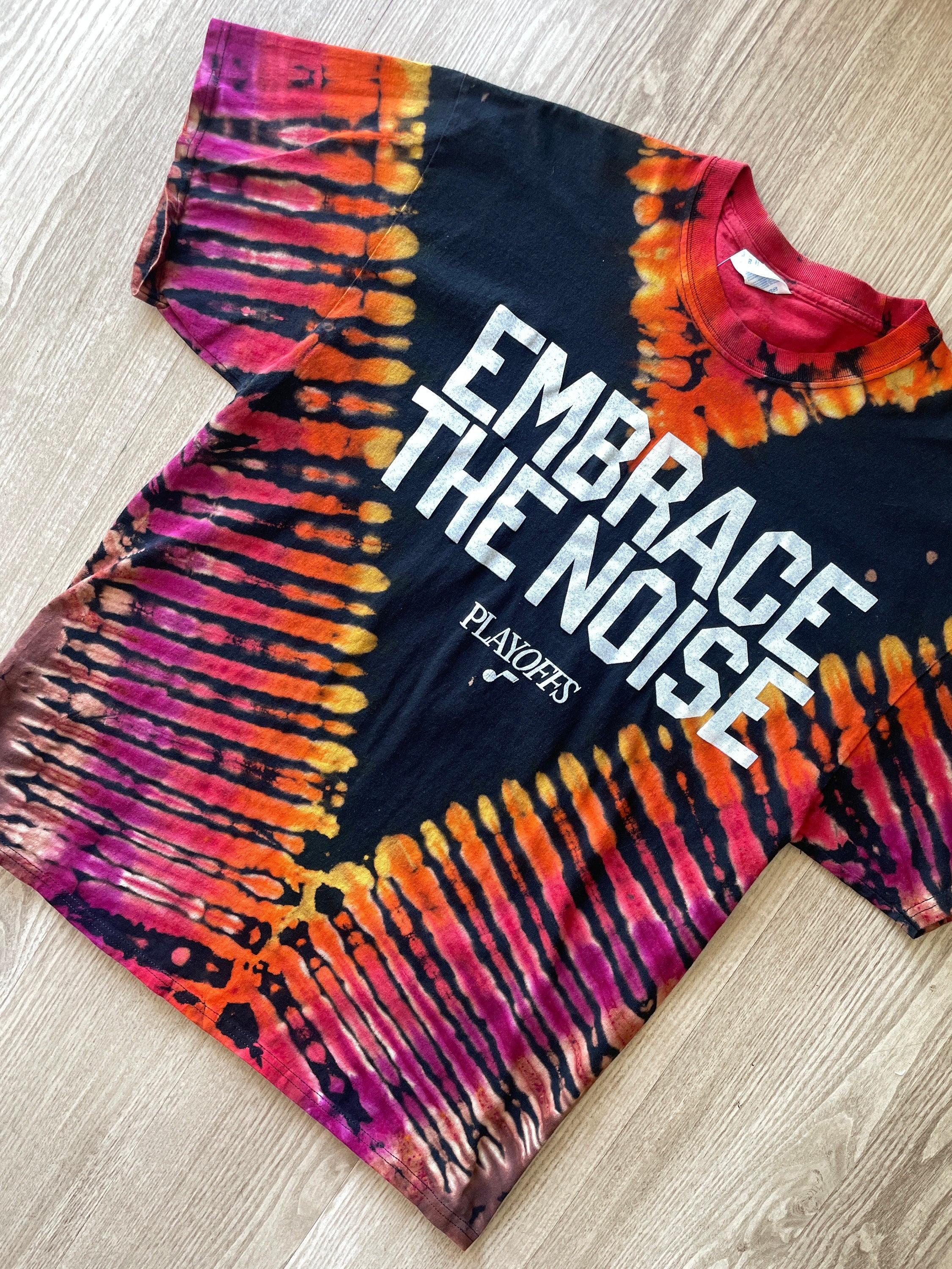 XL Men's Embrace the Noise Utah Jazz Playoffs Handmade Reverse Tie Dye Short Sleeve T-Shirt | One-Of-a-Kind Upcycled Black and Orange Top