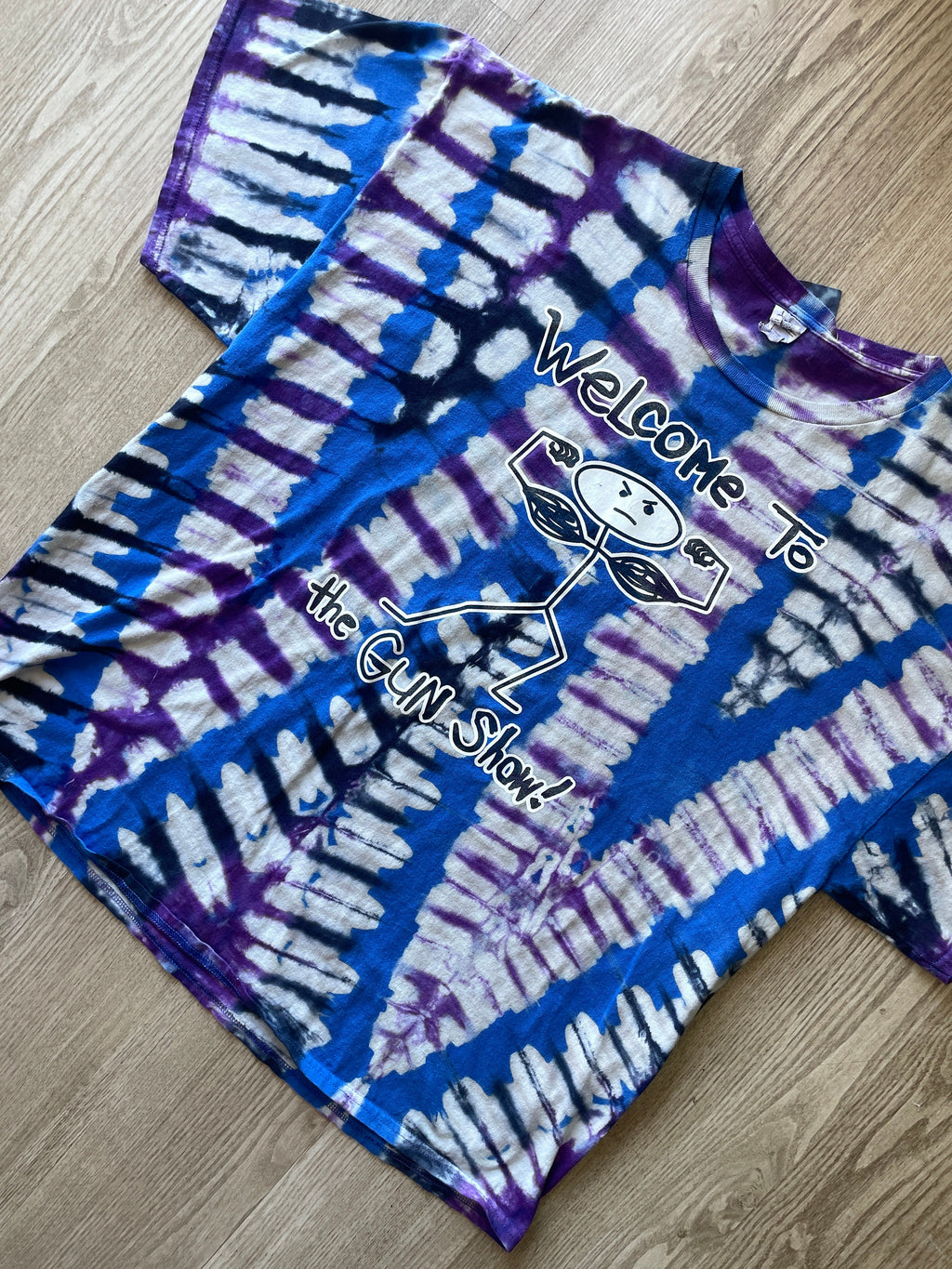 3XL Men's Welcome to the Gun Show Stick Figure Handmade Reverse Tie Dye Short Sleeve T-Shirt | One-Of-a-Kind Upcycled Blue and White  Top