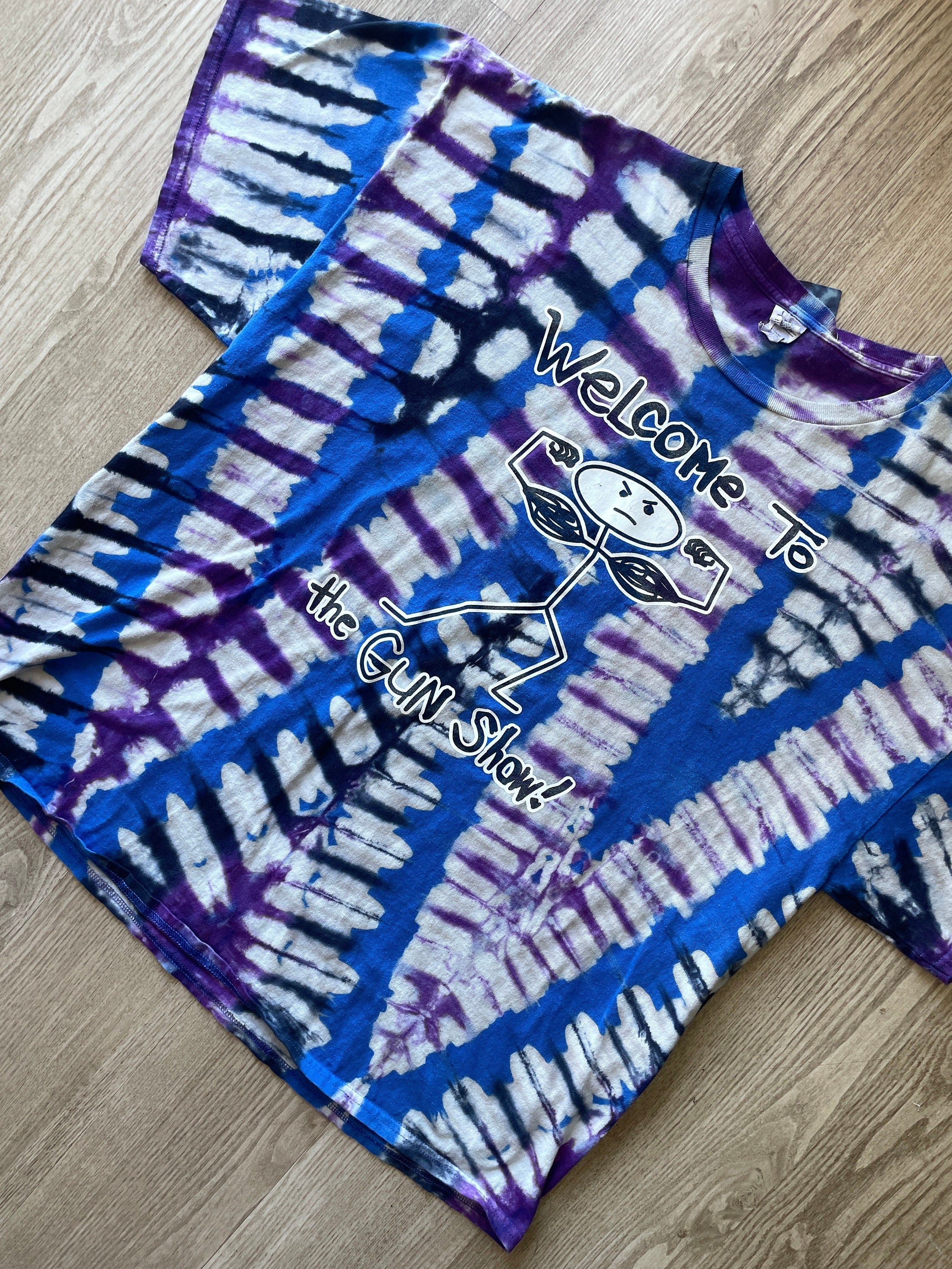 3XL Men's Welcome to the Gun Show Stick Figure Handmade Reverse Tie Dye Short Sleeve T-Shirt | One-Of-a-Kind Upcycled Blue and White  Top